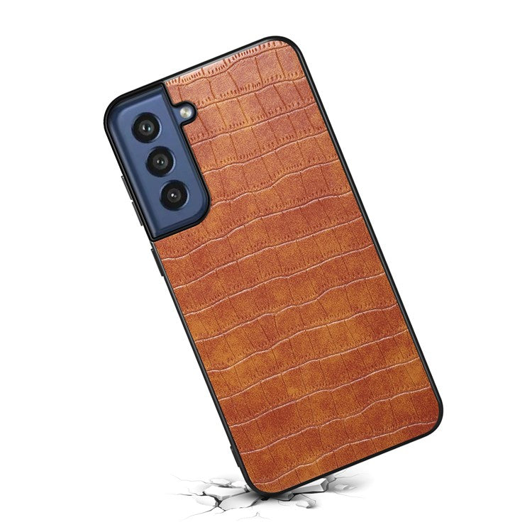 For Samsung Galaxy S21 FE 5G Cases Crocodile Textured Leather Covered Hybrid Phone Case - Brown
