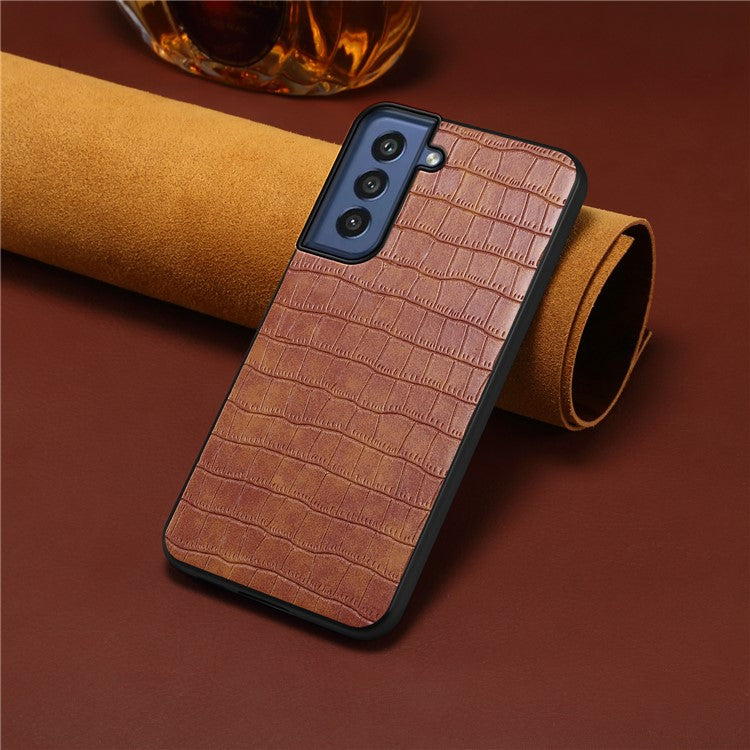 For Samsung Galaxy S21 FE 5G Cases Crocodile Textured Leather Covered Hybrid Phone Case - Brown