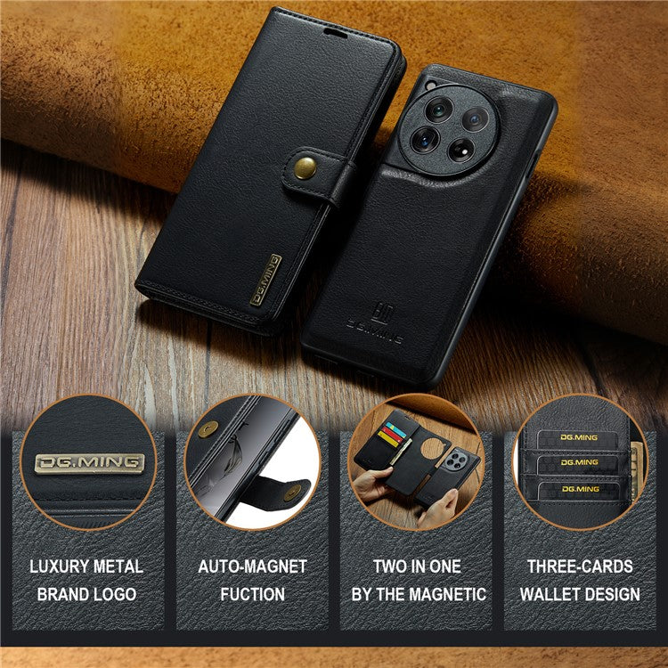 DG.MING for OnePlus 12 5G Case Detachable Split Leather Phone Cover with Stand Wallet - Black