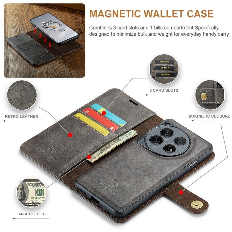 DG.MING for OnePlus 12 5G Case Detachable Split Leather Phone Cover with Stand Wallet - Grey