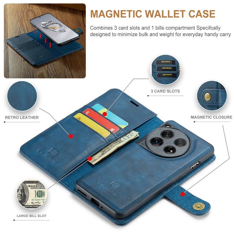 DG.MING for OnePlus 12 5G Case Detachable Split Leather Phone Cover with Stand Wallet - Blue