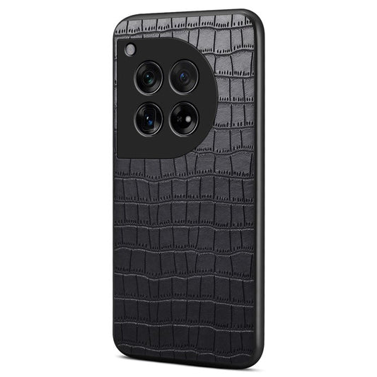 For OnePlus 12 5G Back Case Crocodile Texture Leather Shock-Absorbent Phone Cover - Black