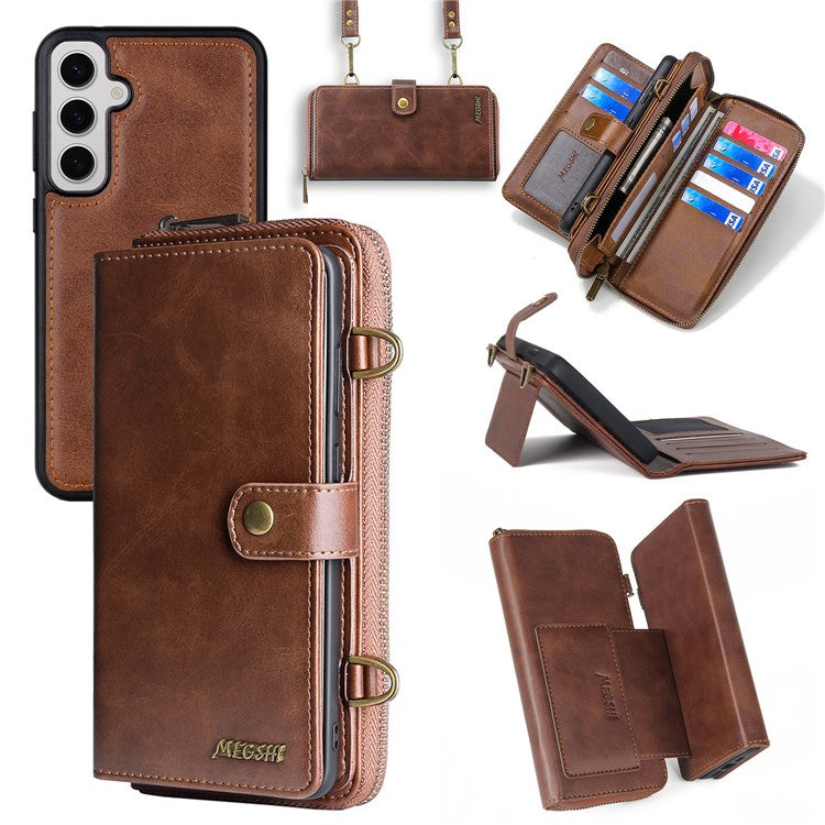 MEGSHI 020 Series for Samsung Galaxy S24+ Phone Case Crossbody PU Leather Foldable Stand Cover - Brown