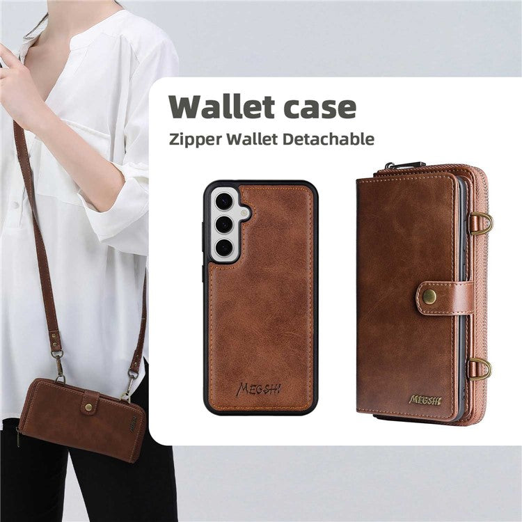 MEGSHI 020 Series for Samsung Galaxy S24+ Phone Case Crossbody PU Leather Foldable Stand Cover - Brown