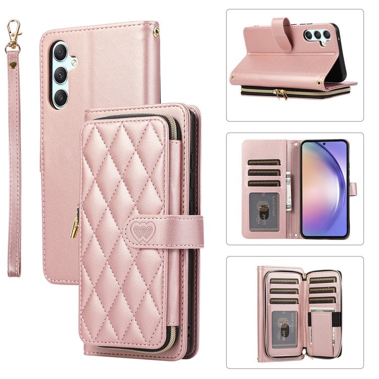 For Samsung Galaxy A54 5G Case PU Leather Zipper Purse Wrist Strap Phone Cover - Rose Gold