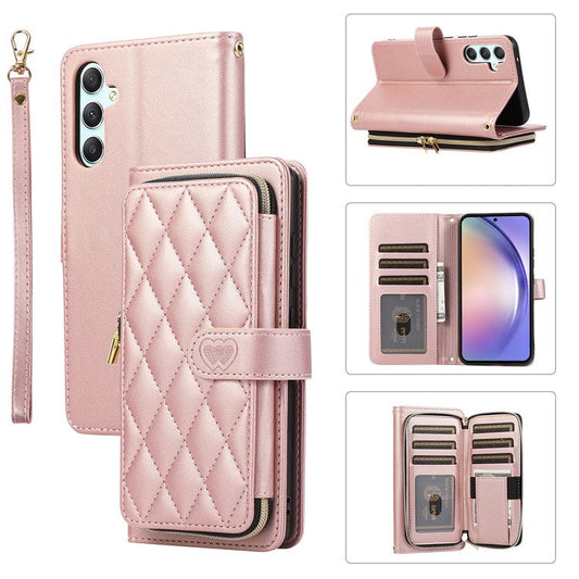 For Samsung Galaxy A54 5G Case PU Leather Zipper Purse Wrist Strap Phone Cover - Rose Gold