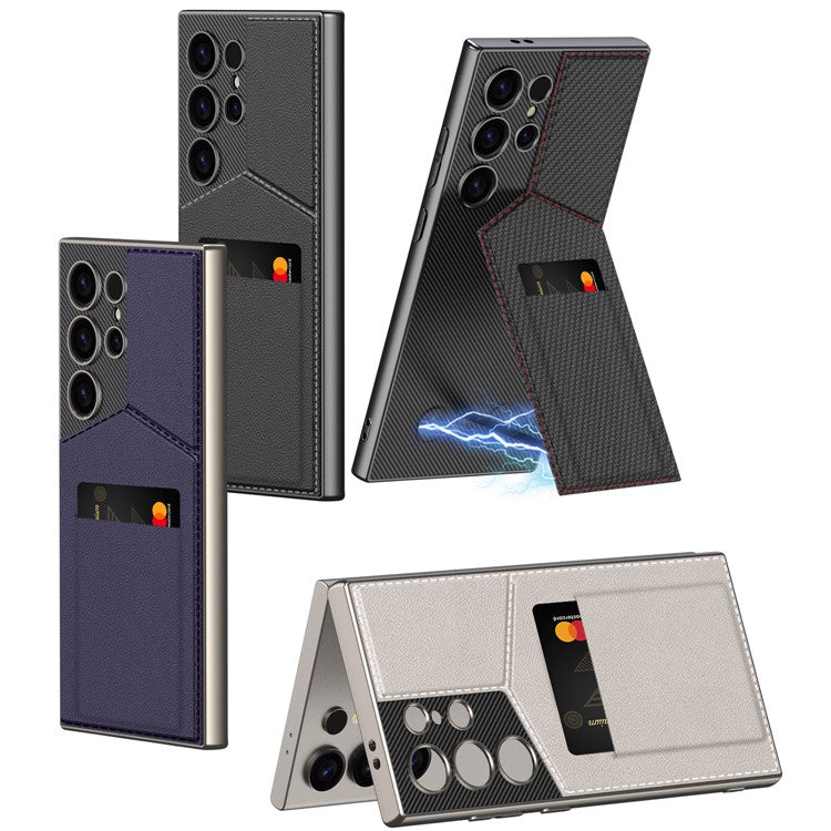GKK For Samsung Galaxy S24 Ultra Phone Case Rotatable Card Holder Kickstand PC+PU Mobile Case - Carbon Fiber