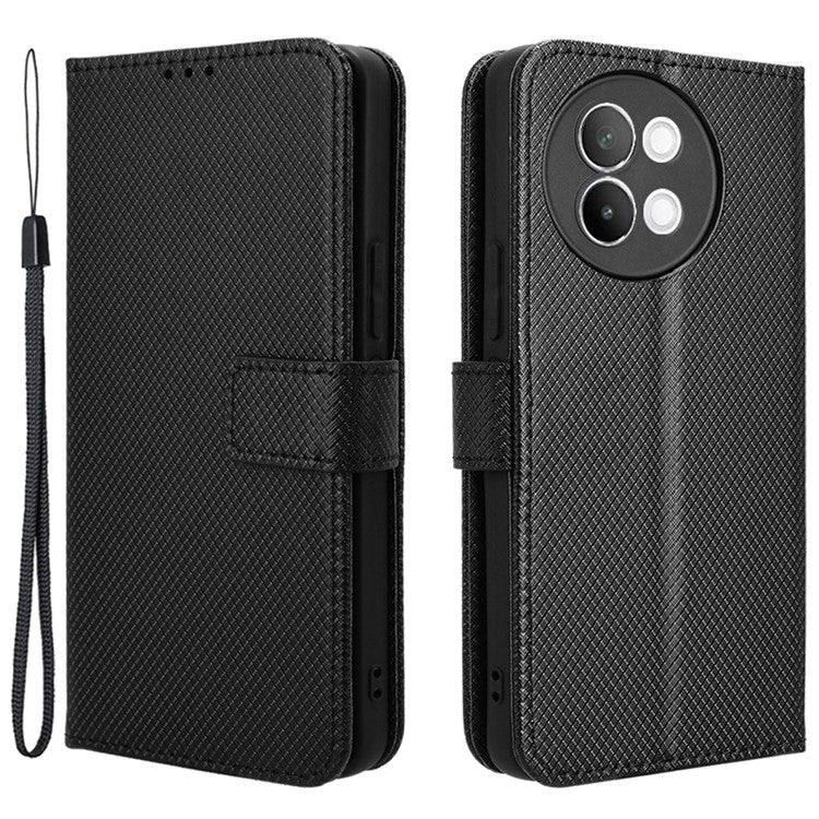 For vivo S18e 5G Wallet Case Diamond Texture PU Leather Flip Phone Cover with Card Holder - Black