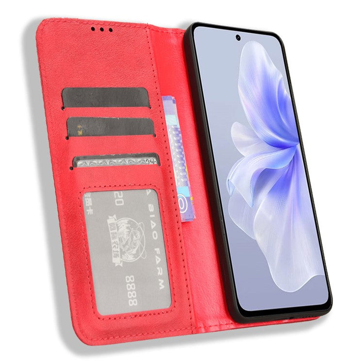 For vivo S18e 5G Case Vintage PU Leather Folio Wallet Phone Cover - Red