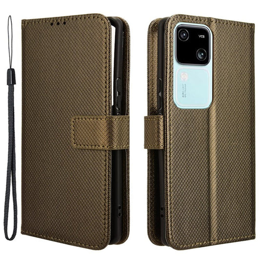For vivo S18 5G / S18 Pro 5G / V30 5G / V30 Pro 5G Case PU Leather Stand Wrist Strap Diamond Texture Phone Cover - Brown