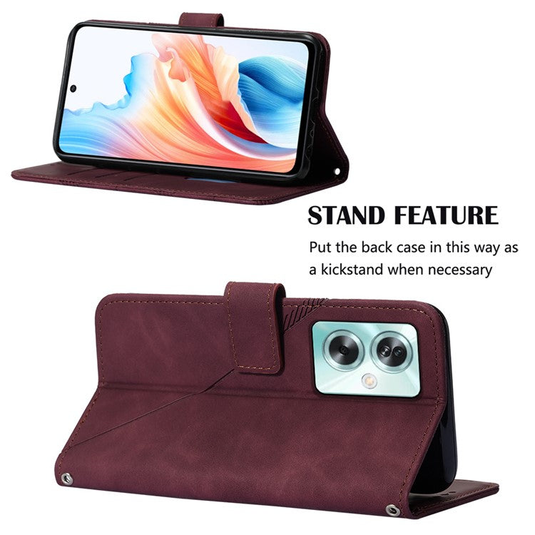 YB Imprinting Series-2 for Oppo A79 5G / A2 5G Case with Crossbody Shoulder Strap Stand Leather Phone Cover - Wine Red