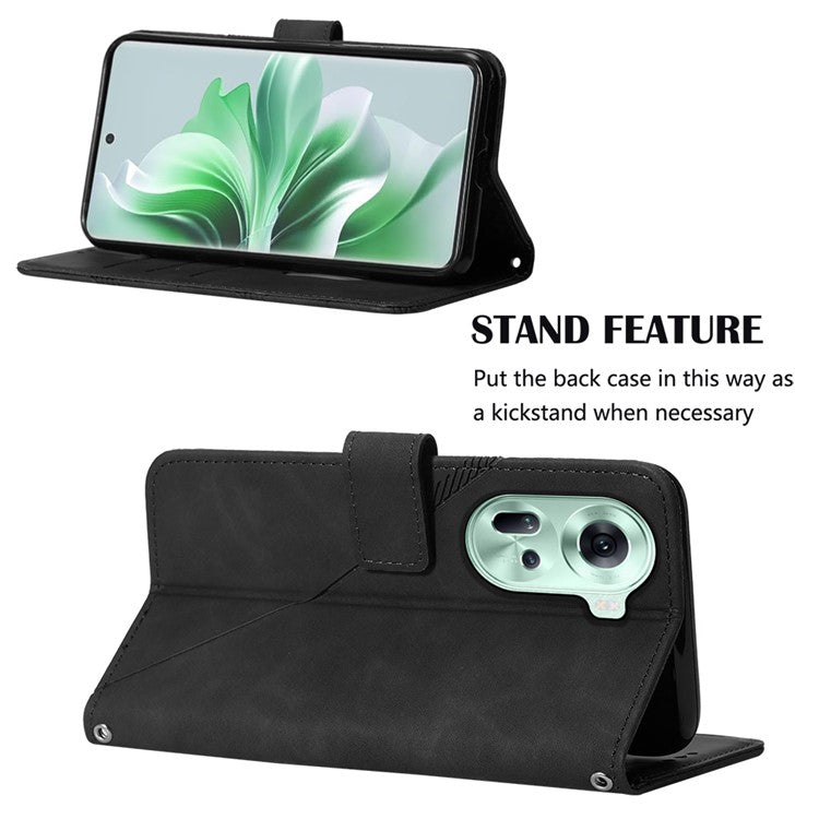 YB Imprinting Series-2 for Oppo Reno11 5G (Global) Flip Case Imprinted Leather Phone Cover with Shoulder Strap - Black