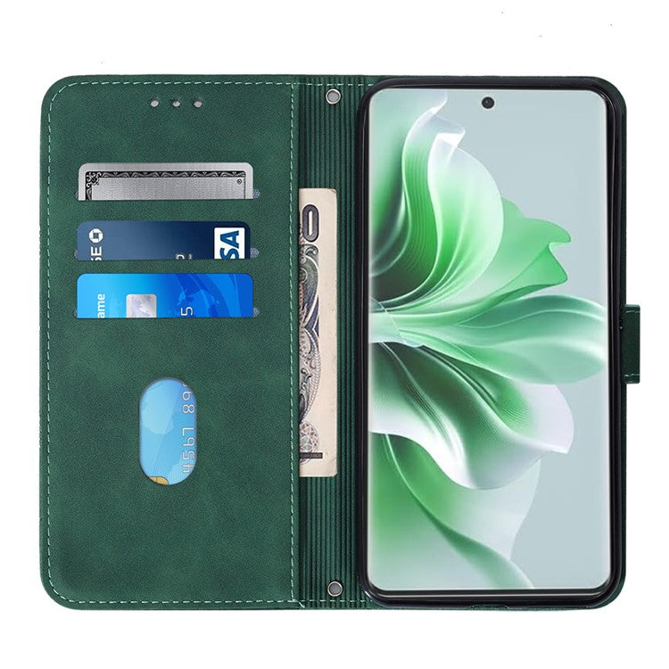 YB Imprinting Series-2 for Oppo Reno11 5G (Global) Flip Case Imprinted Leather Phone Cover with Shoulder Strap - Blackish Green