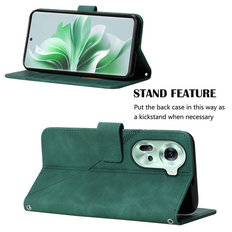 YB Imprinting Series-2 for Oppo Reno11 5G (Global) Flip Case Imprinted Leather Phone Cover with Shoulder Strap - Blackish Green