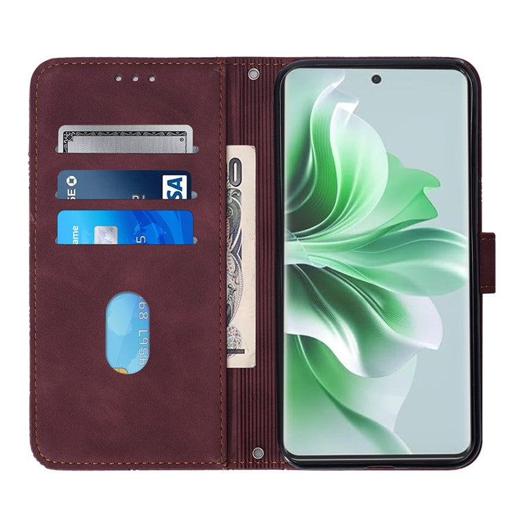 YB Imprinting Series-2 for Oppo Reno11 5G (Global) Flip Case Imprinted Leather Phone Cover with Shoulder Strap - Wine Red