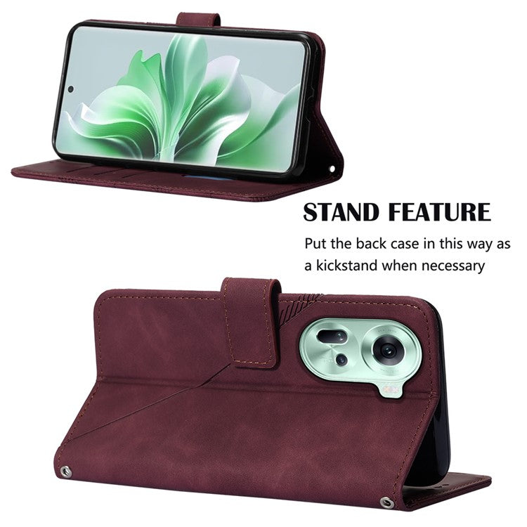YB Imprinting Series-2 for Oppo Reno11 5G (Global) Flip Case Imprinted Leather Phone Cover with Shoulder Strap - Wine Red