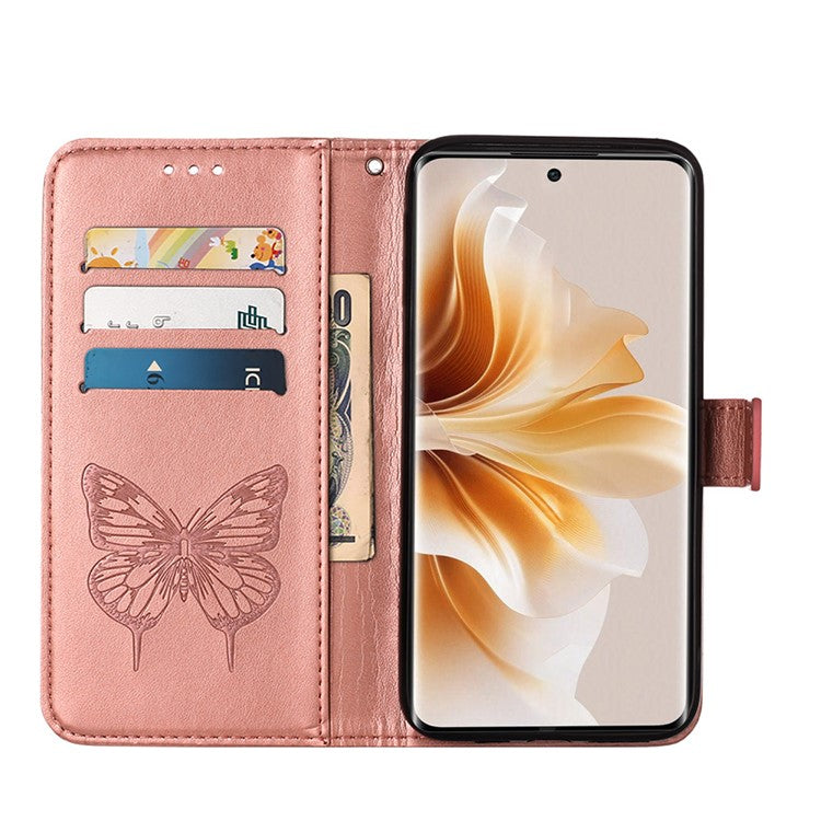 YB Imprinting Series-4 For Oppo Reno11 Pro 5G (Global) Phone Case Floral Butterfly Leather Cover with Hand Strap - Rose Gold