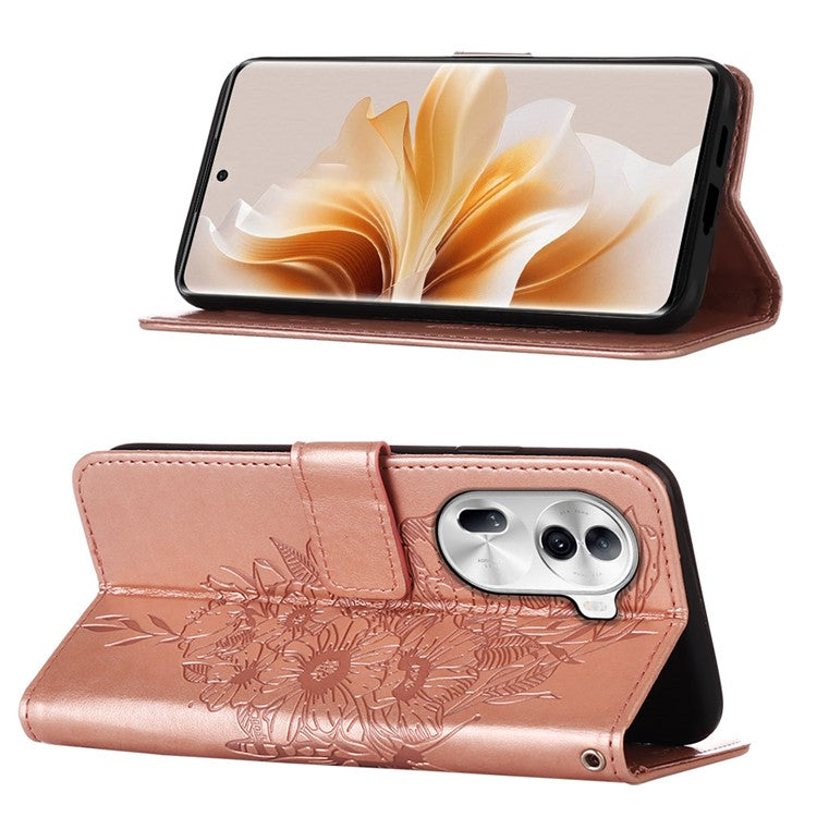 YB Imprinting Series-4 For Oppo Reno11 Pro 5G (Global) Phone Case Floral Butterfly Leather Cover with Hand Strap - Rose Gold