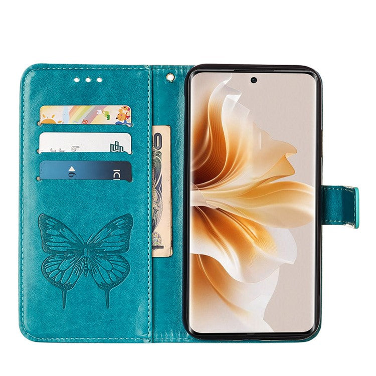 YB Imprinting Series-4 For Oppo Reno11 Pro 5G (Global) Phone Case Floral Butterfly Leather Cover with Hand Strap - Blue