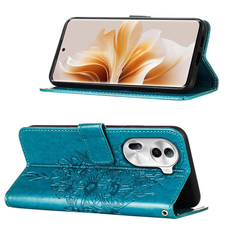 YB Imprinting Series-4 For Oppo Reno11 Pro 5G (Global) Phone Case Floral Butterfly Leather Cover with Hand Strap - Blue