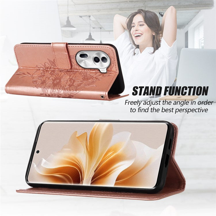 YB Imprinting Series-4 For Oppo Reno11 Pro 5G (Global) Phone Case Floral Butterfly Leather Cover with Hand Strap - Blue