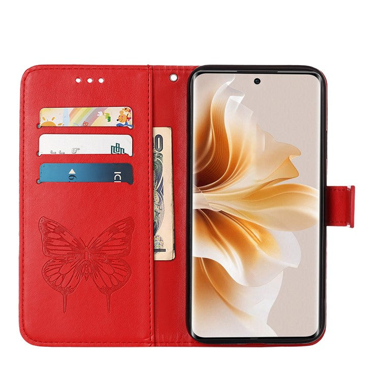 YB Imprinting Series-4 For Oppo Reno11 Pro 5G (Global) Phone Case Floral Butterfly Leather Cover with Hand Strap - Red