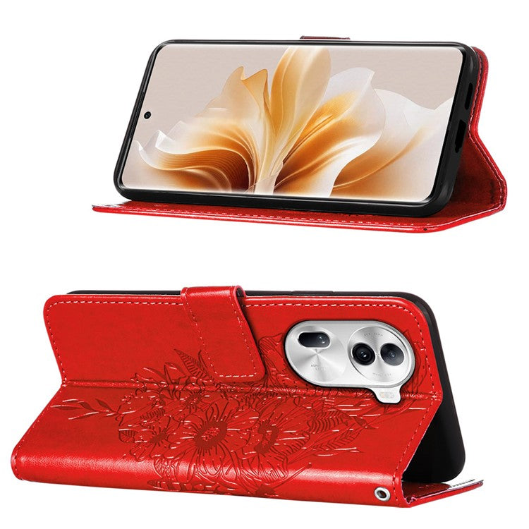 YB Imprinting Series-4 For Oppo Reno11 Pro 5G (Global) Phone Case Floral Butterfly Leather Cover with Hand Strap - Red