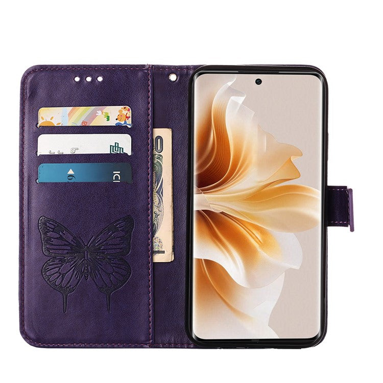 YB Imprinting Series-4 For Oppo Reno11 Pro 5G (Global) Phone Case Floral Butterfly Leather Cover with Hand Strap - Dark Purple