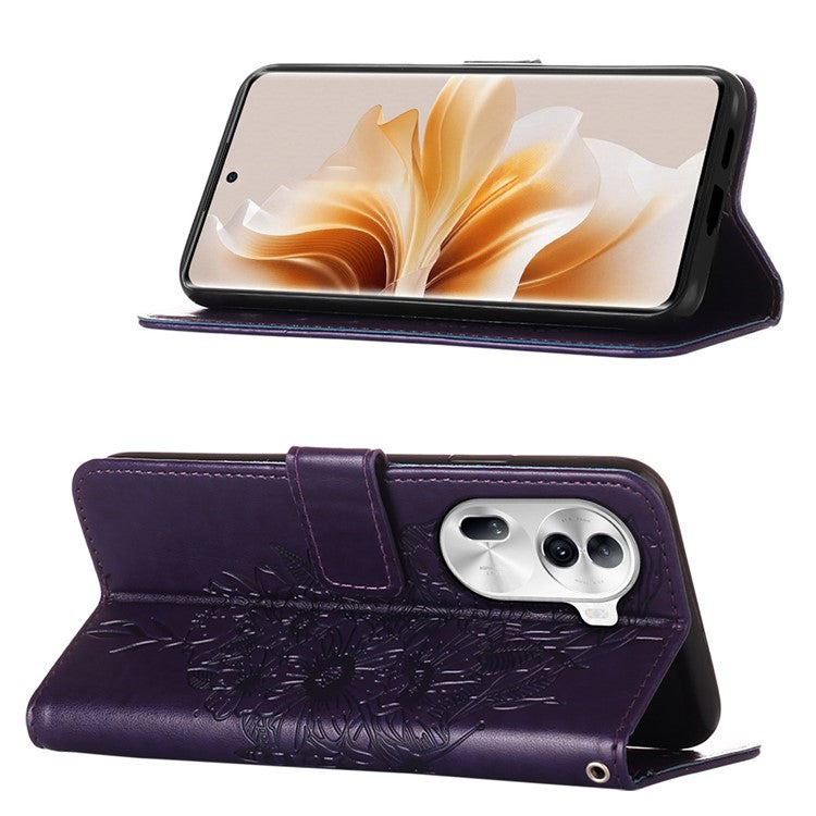 YB Imprinting Series-4 For Oppo Reno11 Pro 5G (Global) Phone Case Floral Butterfly Leather Cover with Hand Strap - Dark Purple