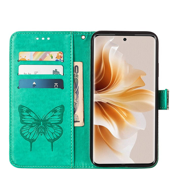 YB Imprinting Series-4 For Oppo Reno11 Pro 5G (Global) Phone Case Floral Butterfly Leather Cover with Hand Strap - Green