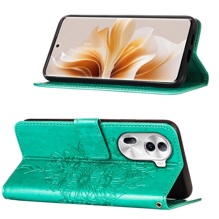 YB Imprinting Series-4 For Oppo Reno11 Pro 5G (Global) Phone Case Floral Butterfly Leather Cover with Hand Strap - Green