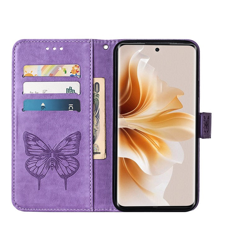 YB Imprinting Series-4 For Oppo Reno11 Pro 5G (Global) Phone Case Floral Butterfly Leather Cover with Hand Strap - Purple