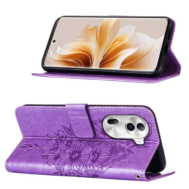 YB Imprinting Series-4 For Oppo Reno11 Pro 5G (Global) Phone Case Floral Butterfly Leather Cover with Hand Strap - Purple