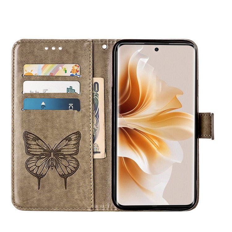 YB Imprinting Series-4 For Oppo Reno11 Pro 5G (Global) Phone Case Floral Butterfly Leather Cover with Hand Strap - Grey