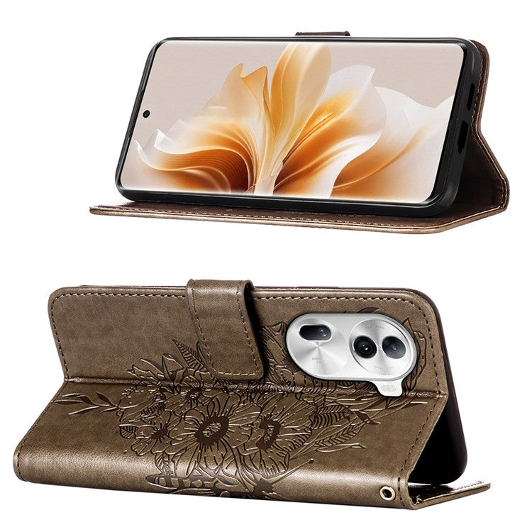 YB Imprinting Series-4 For Oppo Reno11 Pro 5G (Global) Phone Case Floral Butterfly Leather Cover with Hand Strap - Grey