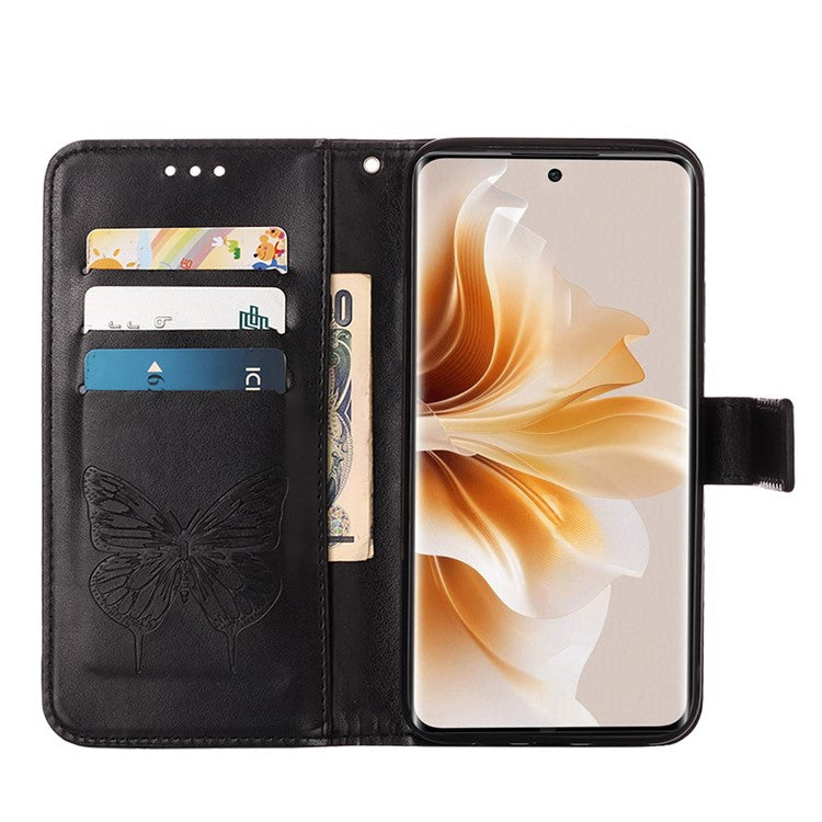 YB Imprinting Series-4 For Oppo Reno11 Pro 5G (Global) Phone Case Floral Butterfly Leather Cover with Hand Strap - Black