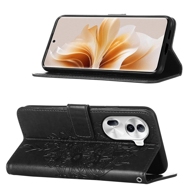 YB Imprinting Series-4 For Oppo Reno11 Pro 5G (Global) Phone Case Floral Butterfly Leather Cover with Hand Strap - Black