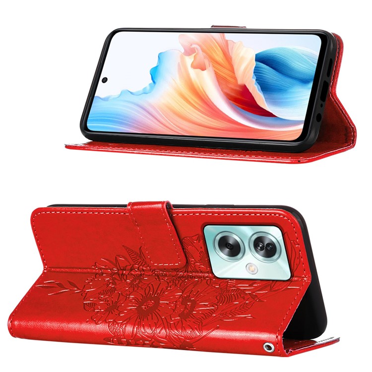 YB Imprinting Series-4 For Oppo A79 5G / A2 5G Phone Case Leather Stand Wallet Imprinted Cover with Strap - Red
