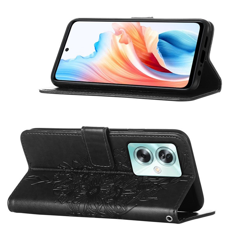 YB Imprinting Series-4 For Oppo A79 5G / A2 5G Phone Case Leather Stand Wallet Imprinted Cover with Strap - Black