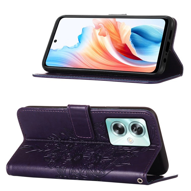 YB Imprinting Series-4 For Oppo A79 5G / A2 5G Phone Case Leather Stand Wallet Imprinted Cover with Strap - Dark Purple