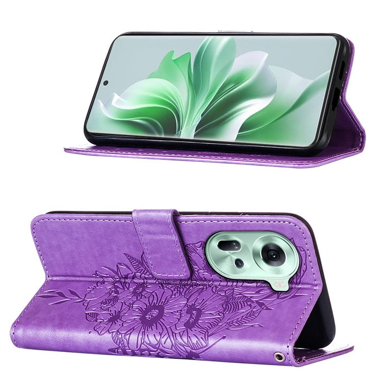 YB Imprinting Series-4 For Oppo Reno11 5G (Global) Case Leather+TPU Mobile Phone Cover with Butterfly Pattern - Purple