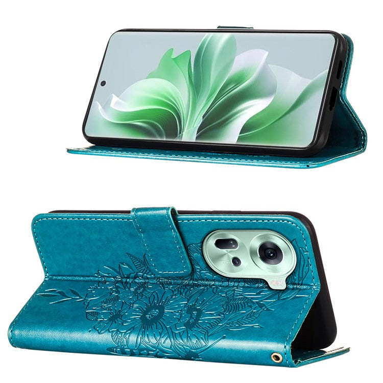 YB Imprinting Series-4 For Oppo Reno11 5G (Global) Case Leather+TPU Mobile Phone Cover with Butterfly Pattern - Blue