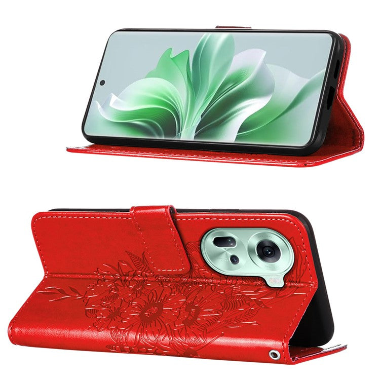 YB Imprinting Series-4 For Oppo Reno11 5G (Global) Case Leather+TPU Mobile Phone Cover with Butterfly Pattern - Red