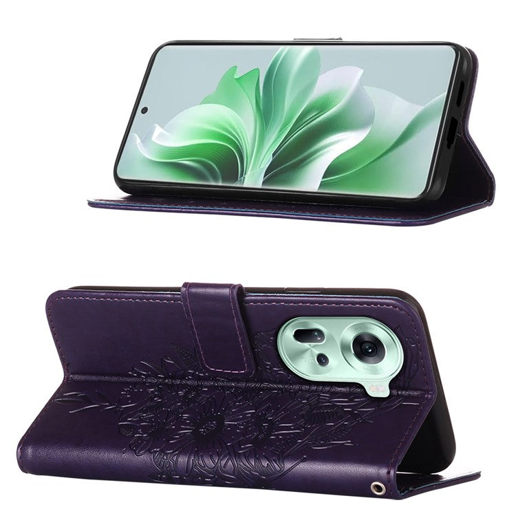 YB Imprinting Series-4 For Oppo Reno11 5G (Global) Case Leather+TPU Mobile Phone Cover with Butterfly Pattern - Dark Purple