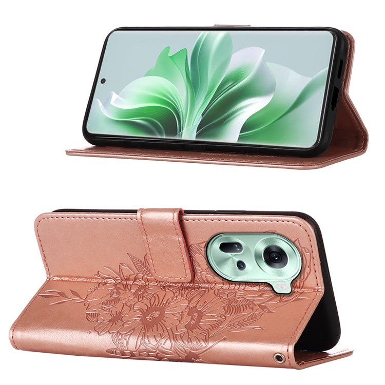YB Imprinting Series-4 For Oppo Reno11 5G (Global) Case Leather+TPU Mobile Phone Cover with Butterfly Pattern - Rose Gold