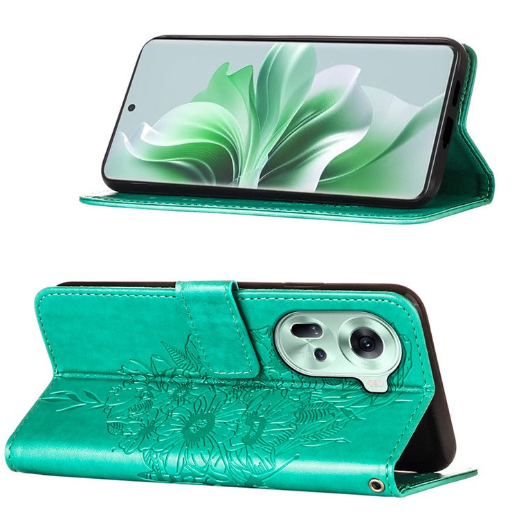 YB Imprinting Series-4 For Oppo Reno11 5G (Global) Case Leather+TPU Mobile Phone Cover with Butterfly Pattern - Green
