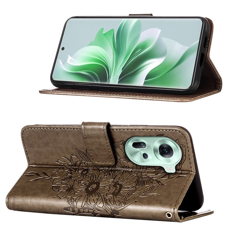 YB Imprinting Series-4 For Oppo Reno11 5G (Global) Case Leather+TPU Mobile Phone Cover with Butterfly Pattern - Grey