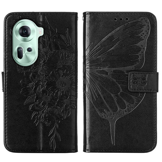 YB Imprinting Series-4 For Oppo Reno11 5G (Global) Case Leather+TPU Mobile Phone Cover with Butterfly Pattern - Black