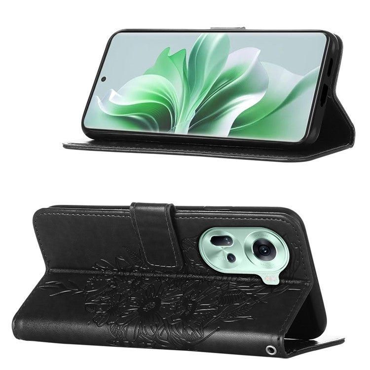YB Imprinting Series-4 For Oppo Reno11 5G (Global) Case Leather+TPU Mobile Phone Cover with Butterfly Pattern - Black