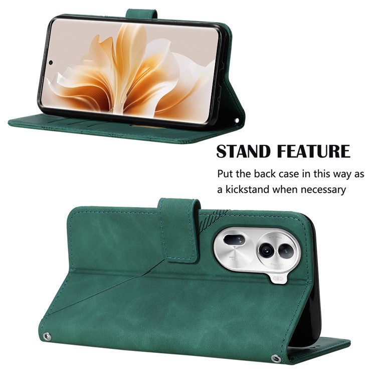 YB Imprinting Series-2 for Oppo Reno11 Pro 5G (Global) Case with Crossbody Strap Wallet PU Leather Phone Cover - Blackish Green